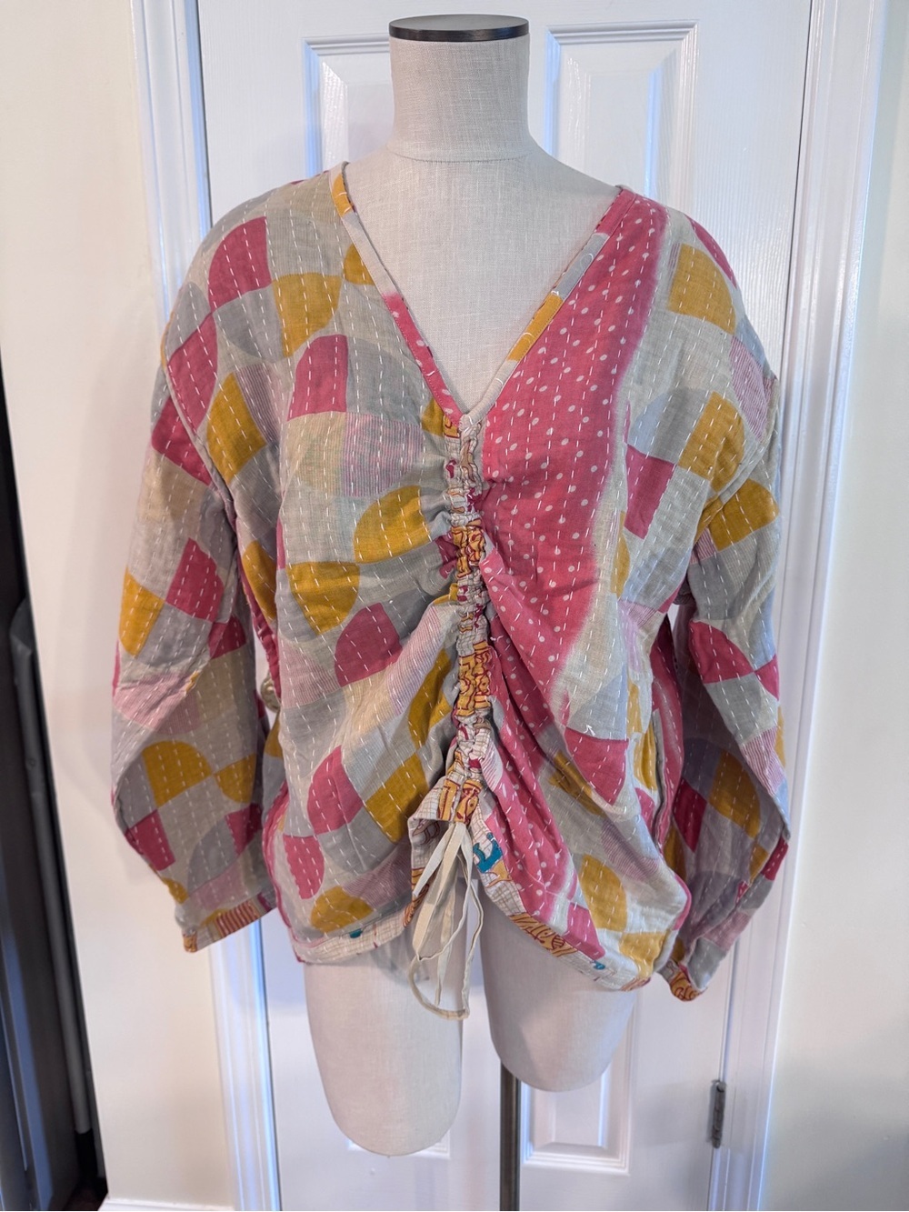 Reversible Kantha Cotton Tie Front Top One Size Boho Artisan Handmade NWOT